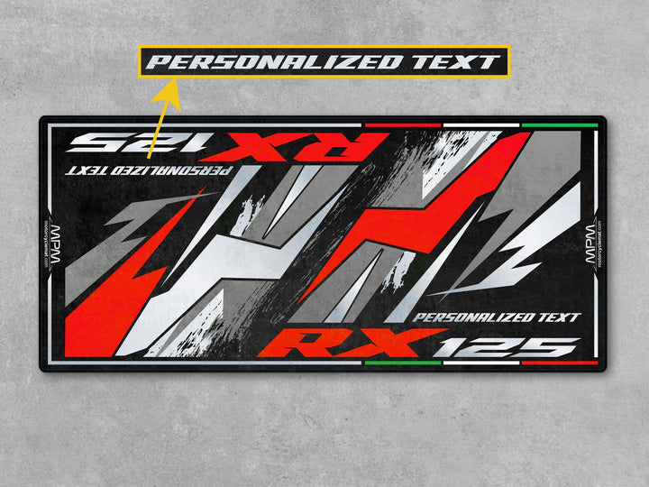 Custom rug for Aprilia RX 125. Varanus Black garage carpet designed for dirtbike riders seeking parts-focused parking mats and garage accessories.
