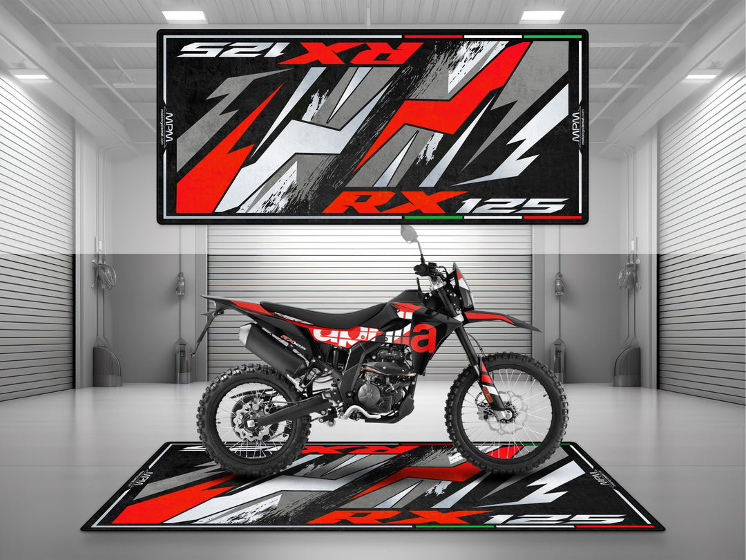 Garage and parking mat for Aprilia RX 125 Varanus Black. Dirtbike floor cover and parts gift for dual sport or enduro riders setting up their garage.
