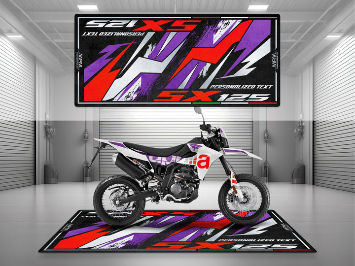 Personalized garage mat for Aprilia SX 125 Cubozoa White. Custom parts gift, floor cover, and stylish garage mat for supermoto lovers and bikers.
