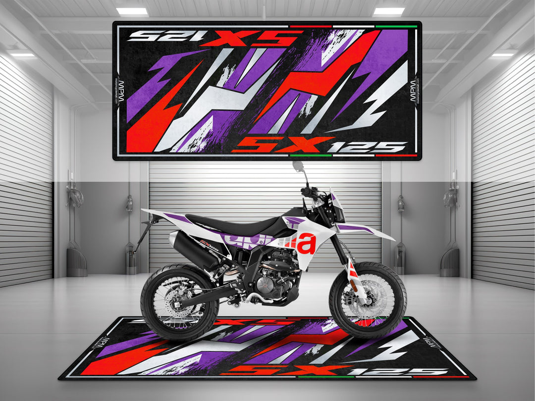 Garage and parking mat for Aprilia SX 125 Cubozoa White. Floor cover gift and motorcycle parts mat designed for supermoto riders and garage setups.
