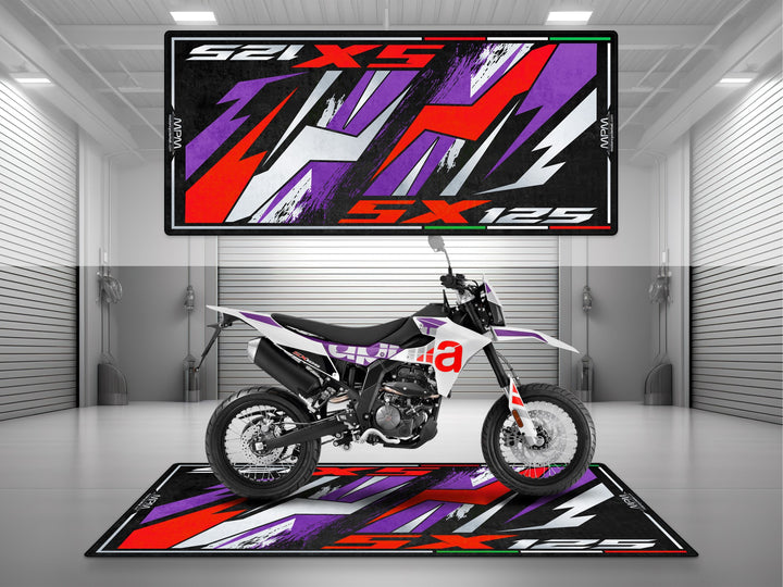 Garage and parking mat for Aprilia SX 125 Cubozoa White. Floor cover gift and motorcycle parts mat designed for supermoto riders and garage setups.
