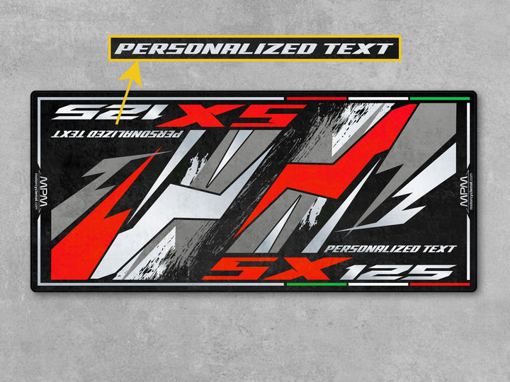 Custom rug for Aprilia SX 125 Varanus Black. Unique garage carpet and motorcycle accessory gift made to protect your parts and floor with style.

