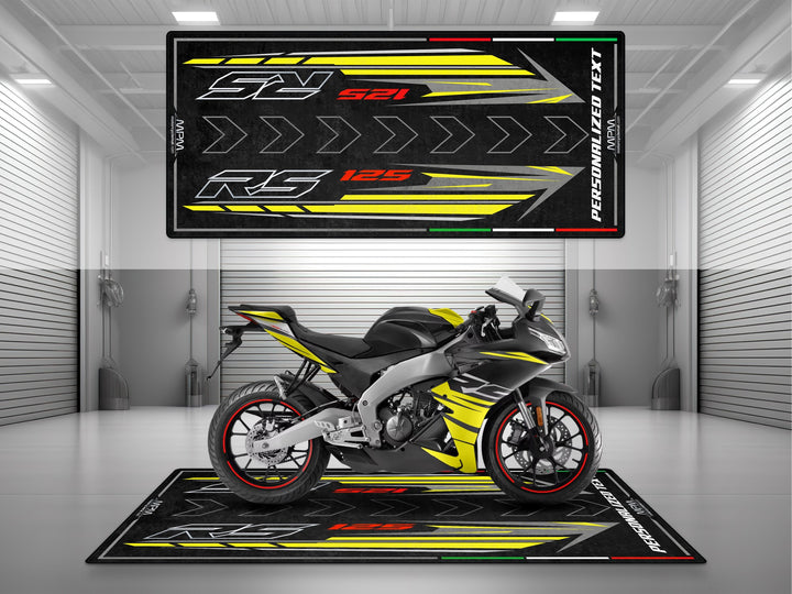 Personalized parking mat for Aprilia RS 125 Cyanide Yellow. Custom garage mat and rider gift for bike parts, protection, and stylish floor cover.
