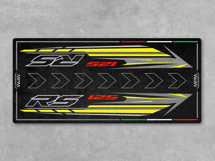 Custom garage mat for Aprilia RS 125 Cyanide Yellow. Ideal motorcycle parts accessory, parking floor pad, and gift for sportbike display or pit use.
