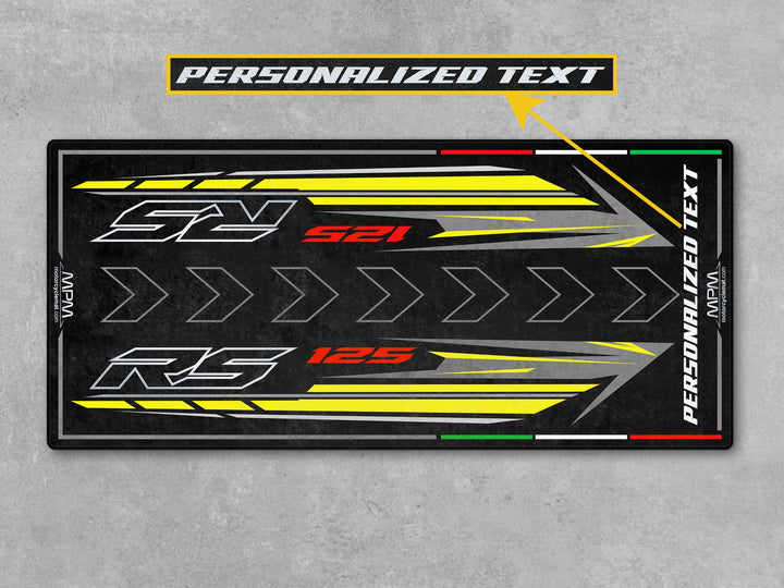 Custom garage mat for Aprilia RS 125 Cyanide Yellow. Ideal motorcycle parts accessory, parking floor pad, and gift for sportbike display or pit use.