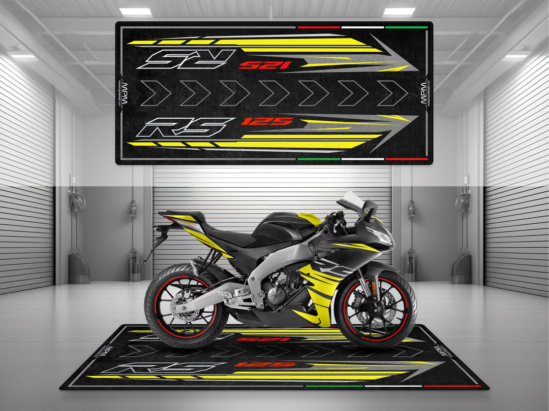Garage and parking mat for Aprilia RS 125 Cyanide Yellow. Motorcycle gift and parts floor cover for garage display, pit protection, and stylish setup.
