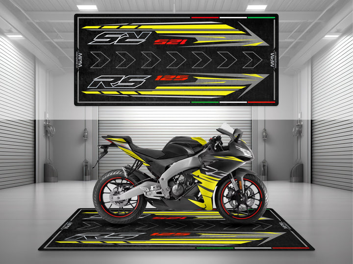 Garage and parking mat for Aprilia RS 125 Cyanide Yellow. Motorcycle gift and parts floor cover for garage display, pit protection, and stylish setup.
