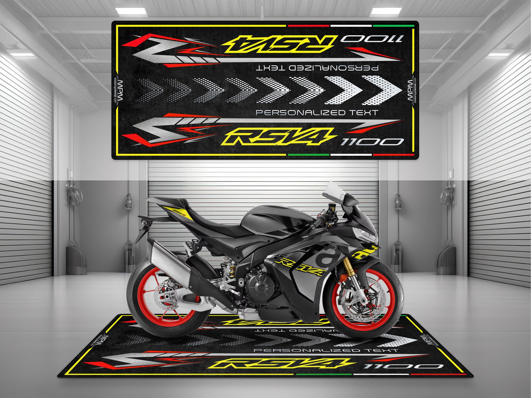 Personalized garage mat for Aprilia RSV4 1100 Poison Yellow. Custom rider gift and motorcycle accessory designed to protect and showcase your bike.