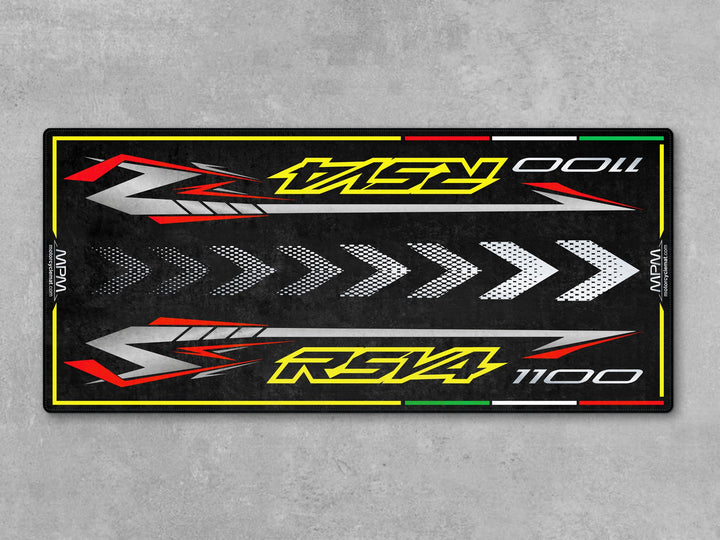 Parking and garage mat for Aprilia RSV4 1100 Poison Yellow. Ideal motorcycle gift, parts add-on, or accessory to protect and display your superbike.