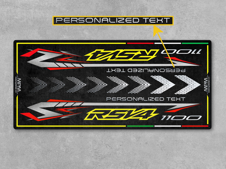 Custom garage mat for Aprilia RSV4 1100 Poison Yellow. Custom rider gift and motorcycle accessory designed to protect and showcase your bike.