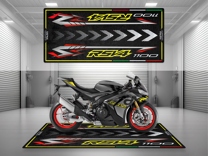 Parking and garage mat for Aprilia RSV4 1100 Poison Yellow. Ideal motorcycle gift, parts add-on, or accessory to protect and display your superbike.