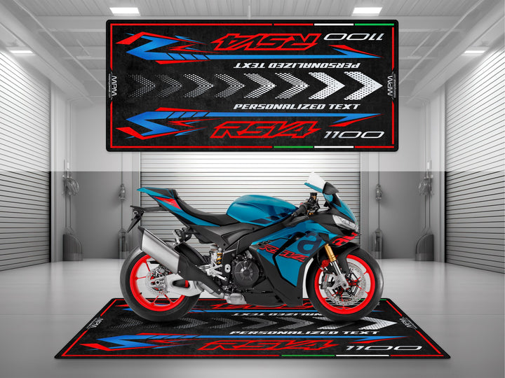 Personalized parking and garage mat for Aprilia RSV4 1100 Stingray Blue. Custom rider gift and accessory to showcase and protect your superbike in style.
