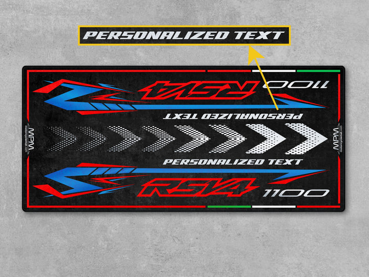 Personalized parking and garage mat for Aprilia RSV4 1100 Stingray Blue. Custom rider gift and accessory to showcase and protect your superbike in style.