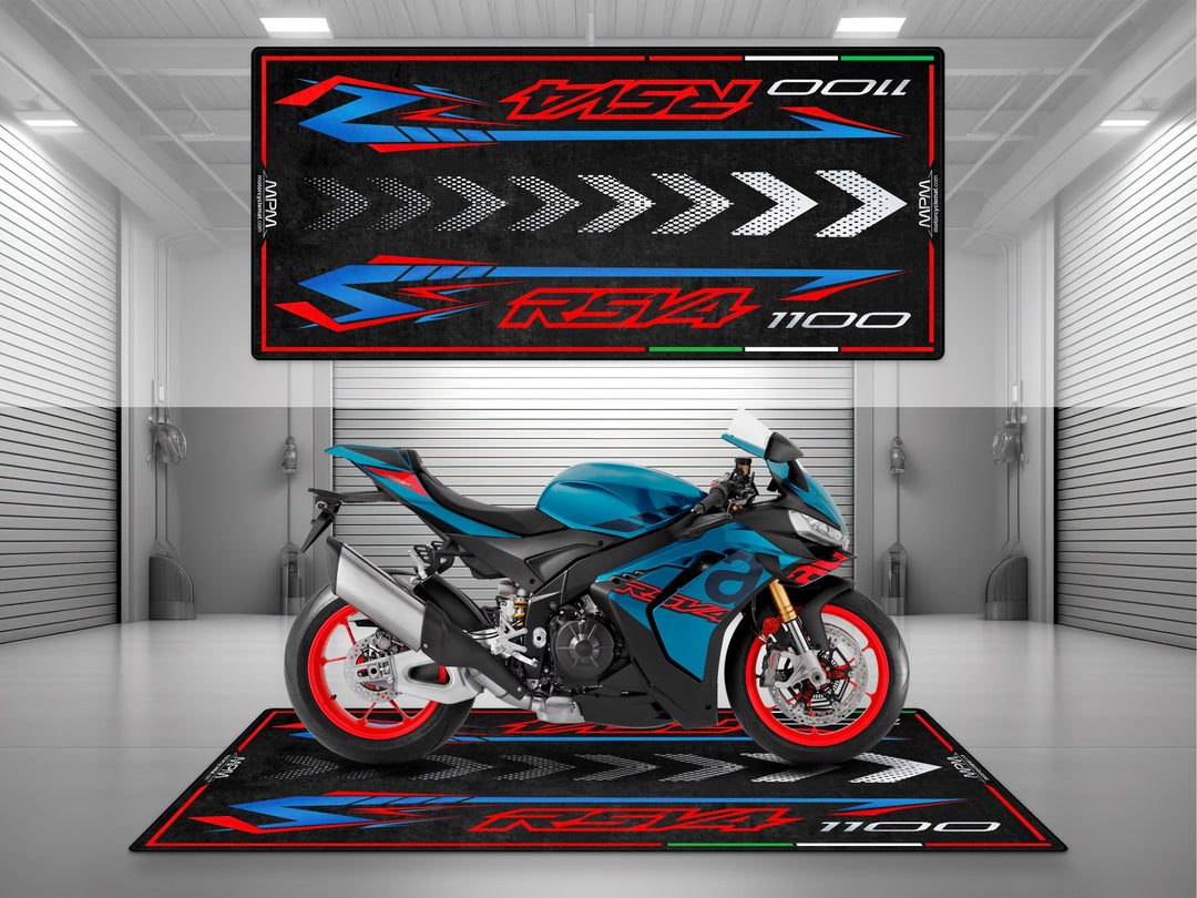 Parking and garage mat for Aprilia RSV4 1100 Stingray Blue. Perfect motorcycle gift, accessory, or parts add-on to protect and display your superbike.