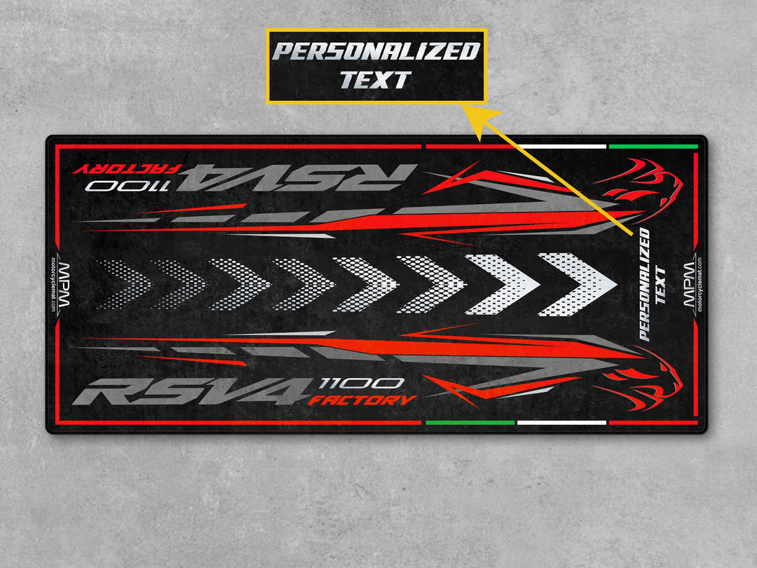 Custom-made parking mat for Aprilia RSV4 Factory Dark Kraken. Stylish gift for riders, a durable bike pad for garage floors and event or showroom use.