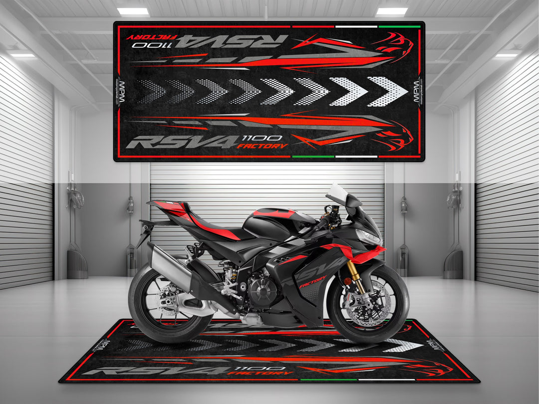 Garage and parking mat for Aprilia RSV4 Factory 1100 Dark Kraken. Ideal motorcycle gift, accessory, or parts upgrade to protect your superbike in style.