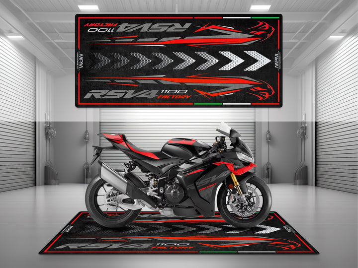 Garage and parking mat for Aprilia RSV4 Factory 1100 Dark Kraken. Ideal motorcycle gift, accessory, or parts upgrade to protect your superbike in style.