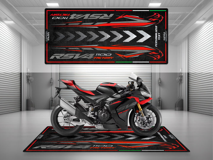 Personalized garage mat for Aprilia RSV4 Factory 1100 Dark Kraken. Custom rider gift and motorcycle parts accessory to showcase and protect your superbike.