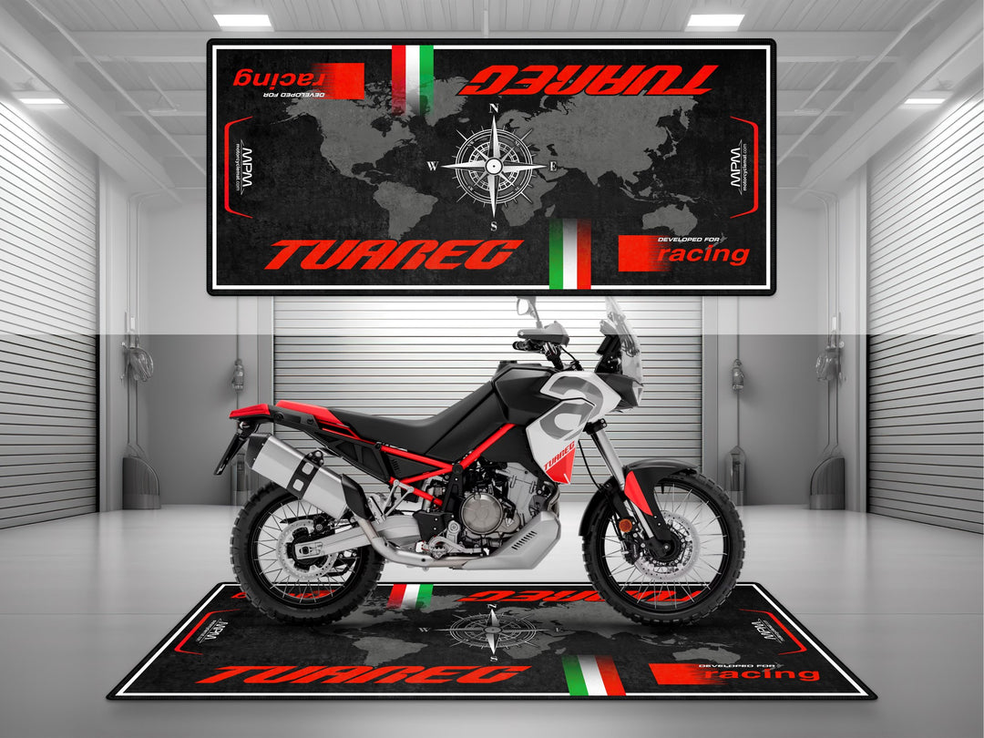 Aprilia Tuareg 660 Hailstorm White garage parking mat. Essential garage gear for adventurers—protects floor, elevates style. Adventure-ready setup.
