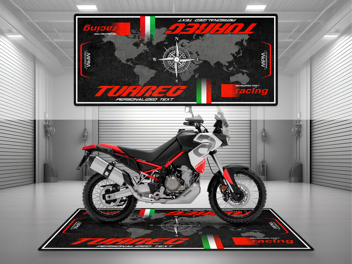 Custom garage mat for Aprilia Tuareg 660 Hailstorm White. Personalized motorcycle parts gift, off-road parking rug, and rider's floor cover.
