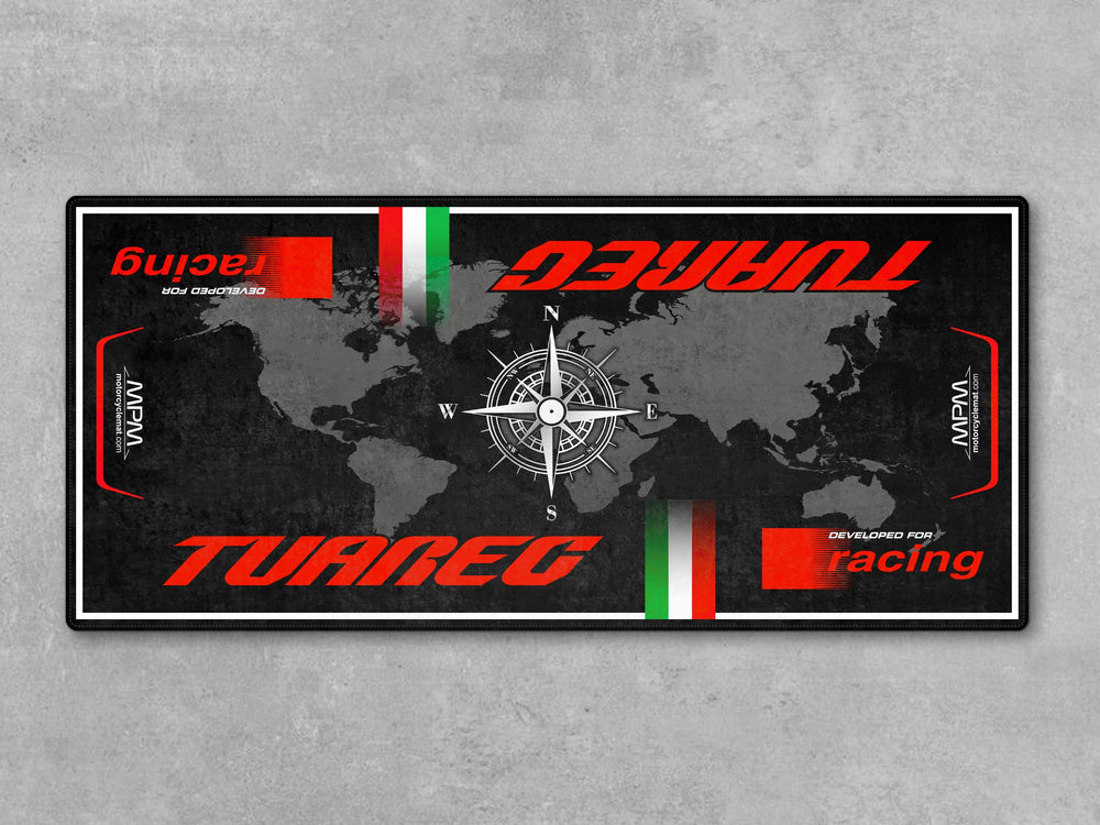 Floor mat for Aprilia Tuareg 660 Hailstorm White. Motorcycle gift and parking pad designed for dual-sport riders and functional garage spaces.
