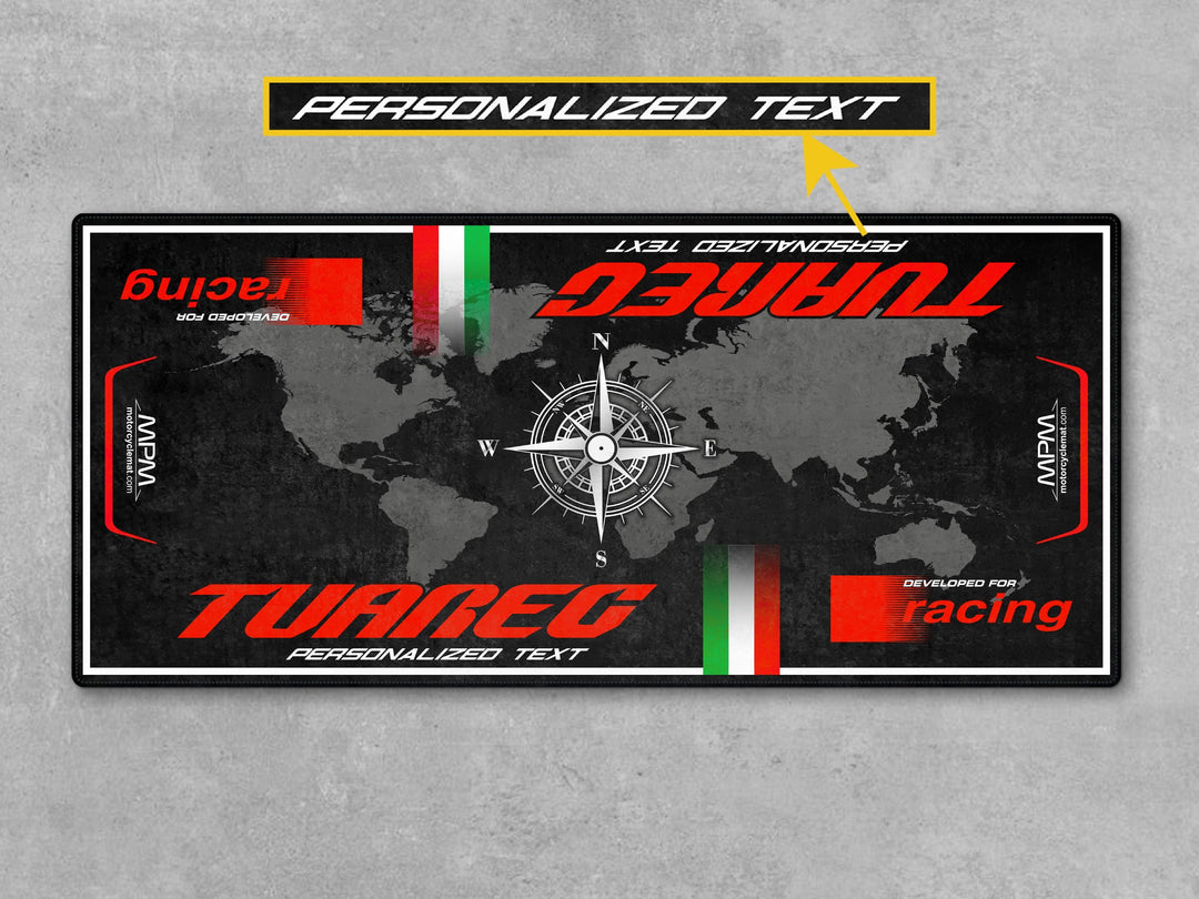Aprilia Tuareg 660 Hailstorm White personalized motorcycle rug. Great garage accessory and adventure bike mat for dual-sport fans and explorers.
