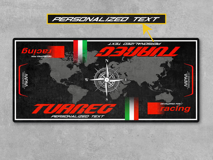 Aprilia Tuareg 660 Hailstorm White personalized motorcycle rug. Great garage accessory and adventure bike mat for dual-sport fans and explorers.
