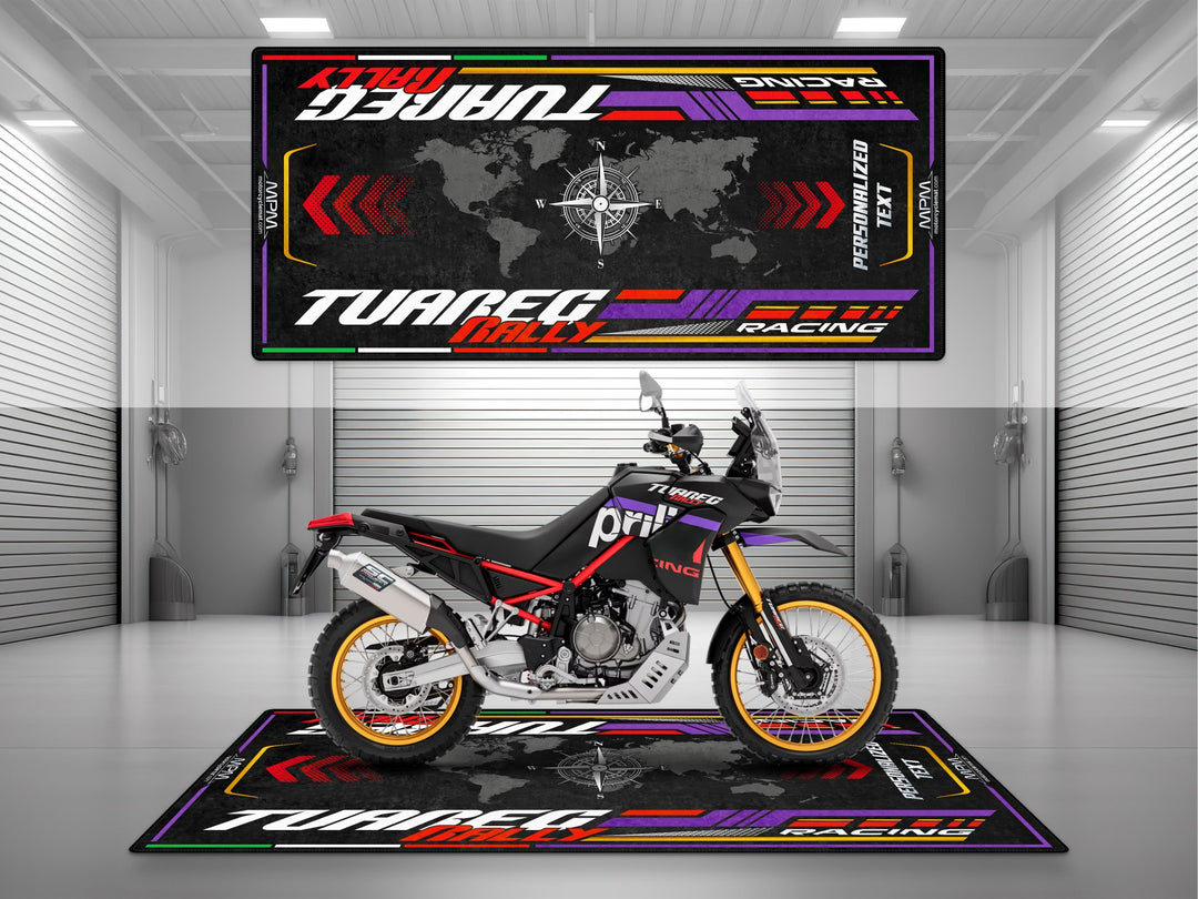 Personalized garage mat for Aprilia Tuareg 660 Rally. Custom motorcycle gift and floor accessory for riders who demand style and protection off-road.
