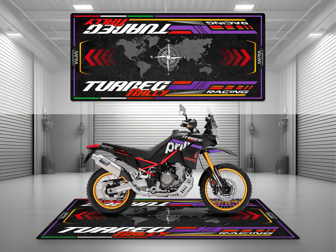 Garage and parking mat for Aprilia Tuareg 660 Rally. Durable motorcycle accessory and gift to protect your dual-sport bike in garage or adventure setups.
