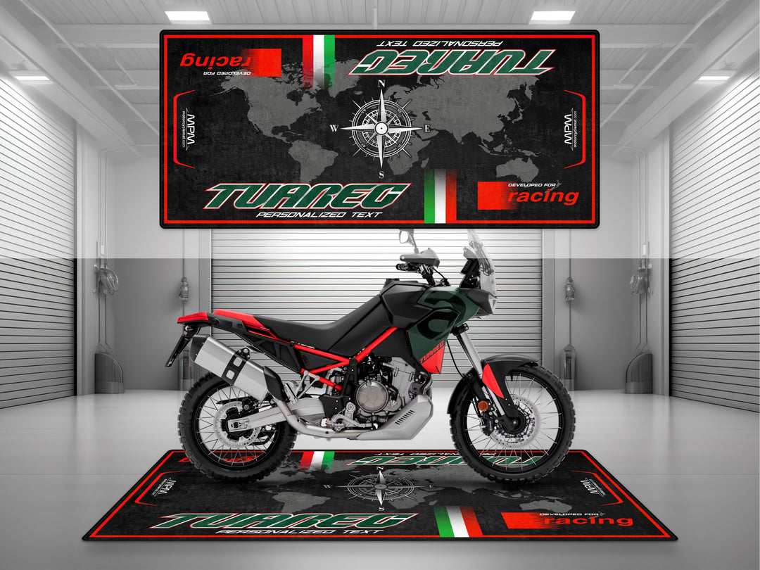 Personalized garage mat for Aprilia Tuareg 660 Tornado Green. Custom motorcycle gift and pit rug made for off-road lovers and adventurers.
