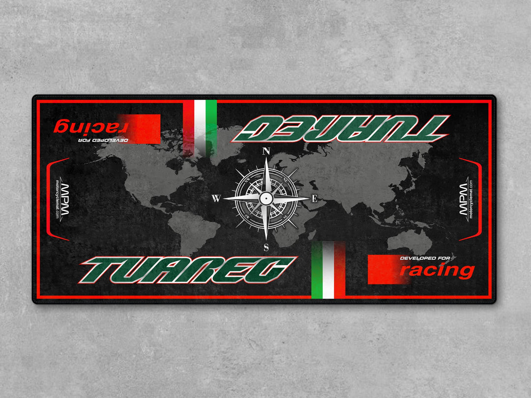 Aprilia Tuareg 660 Tornado Green motorcycle mat. Garage carpet and protective pad for dual-sport riders and touring motorcycle lovers.