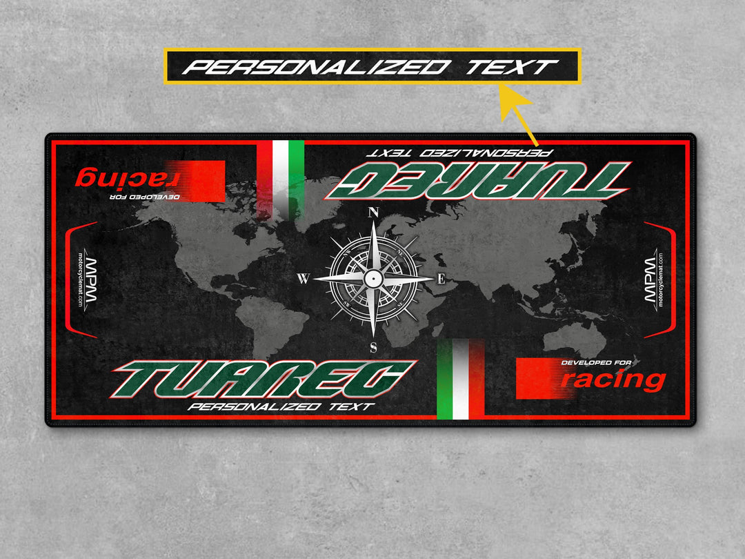 Aprilia Tuareg 660 Tornado Green custom garage floor rug. Perfect mat for parts protection, rider gift, or dual-sport adventure display mat.
