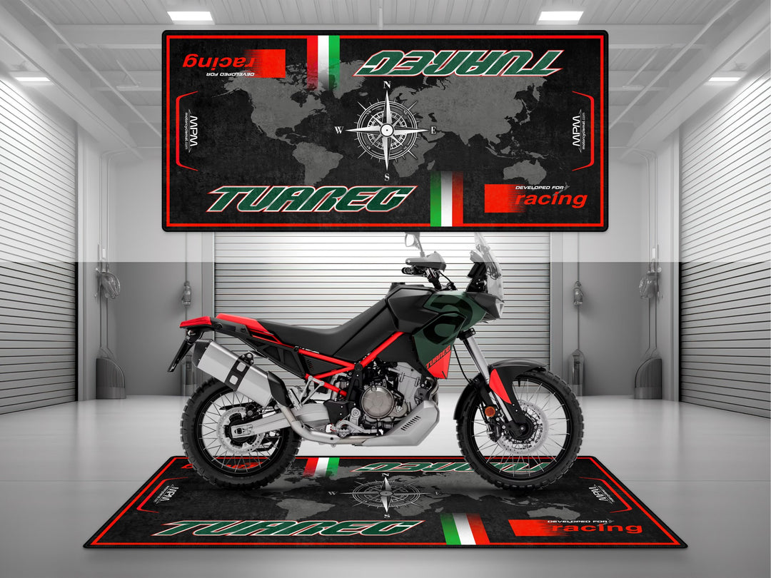 
Garage parking mat for Aprilia Tuareg 660 Tornado Green. Durable adventure bike floor cover for off-road riders and garage setups.
