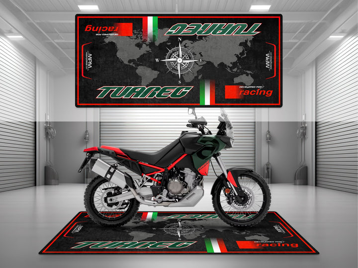 
Garage parking mat for Aprilia Tuareg 660 Tornado Green. Durable adventure bike floor cover for off-road riders and garage setups.
