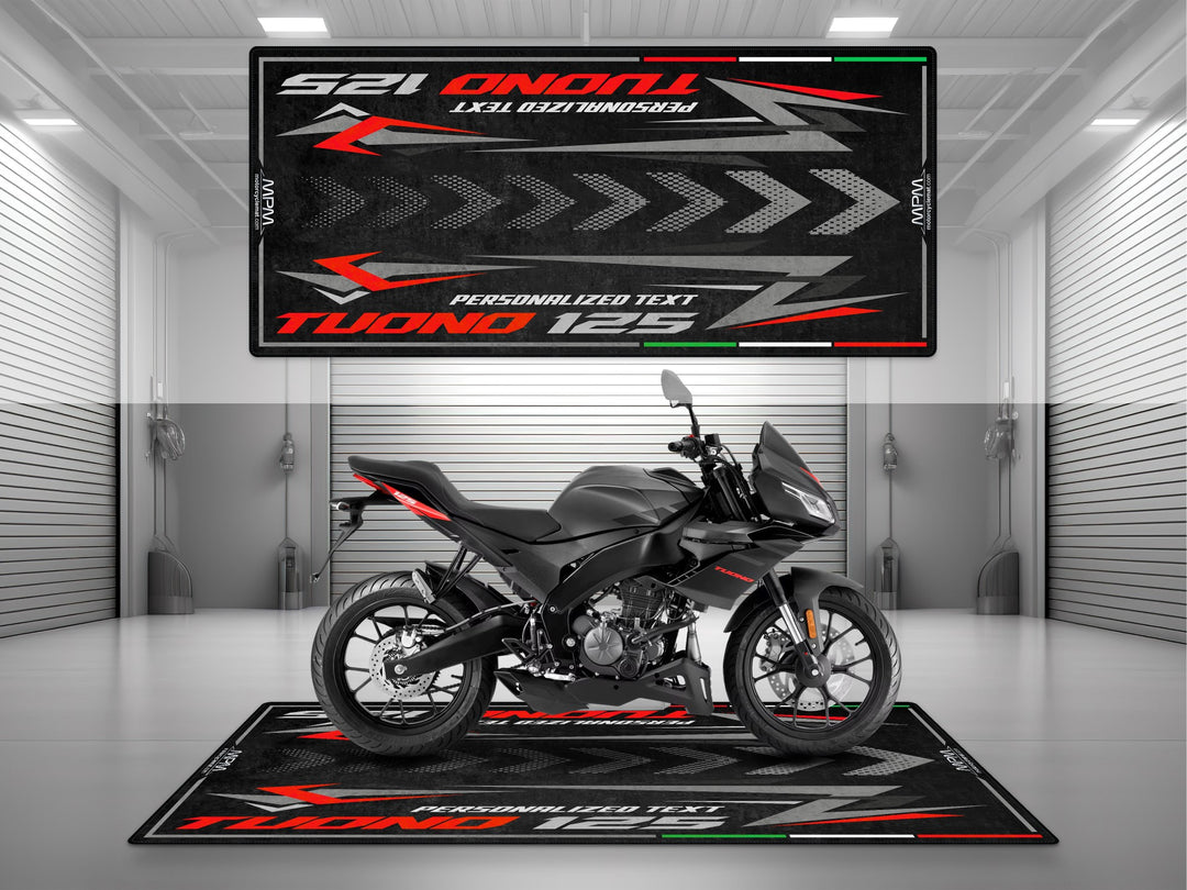 Personalized parking mat for Aprilia Tuono 125 Mamba Grey. Custom motorcycle gift and floor cover made for garage display and parts protection.
