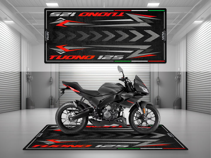 Garage and parking mat for Aprilia Tuono 125 Mamba Grey. Motorcycle parts floor cover and gift accessory for garage styling, pit zones, or track prep.
