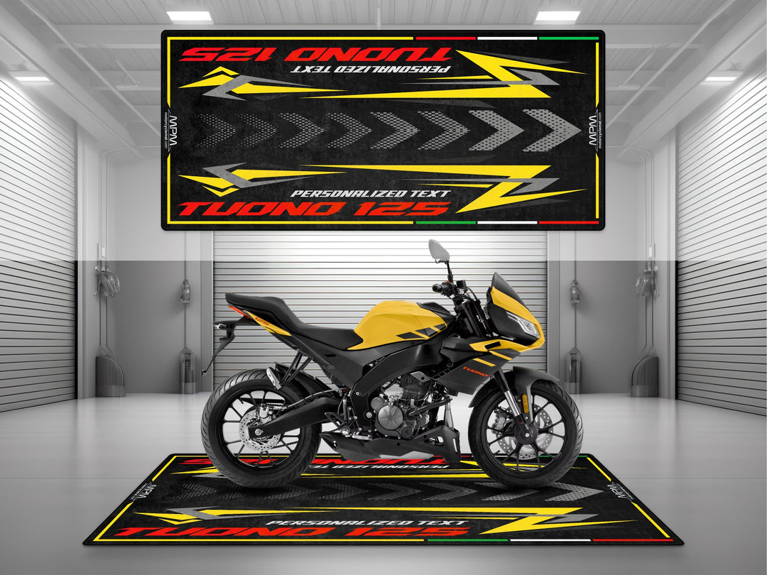 Personalized garage mat for Aprilia Tuono 125 Viper Yellow. Custom motorcycle gift, parking floor cover, and parts display accessory for your setup.
