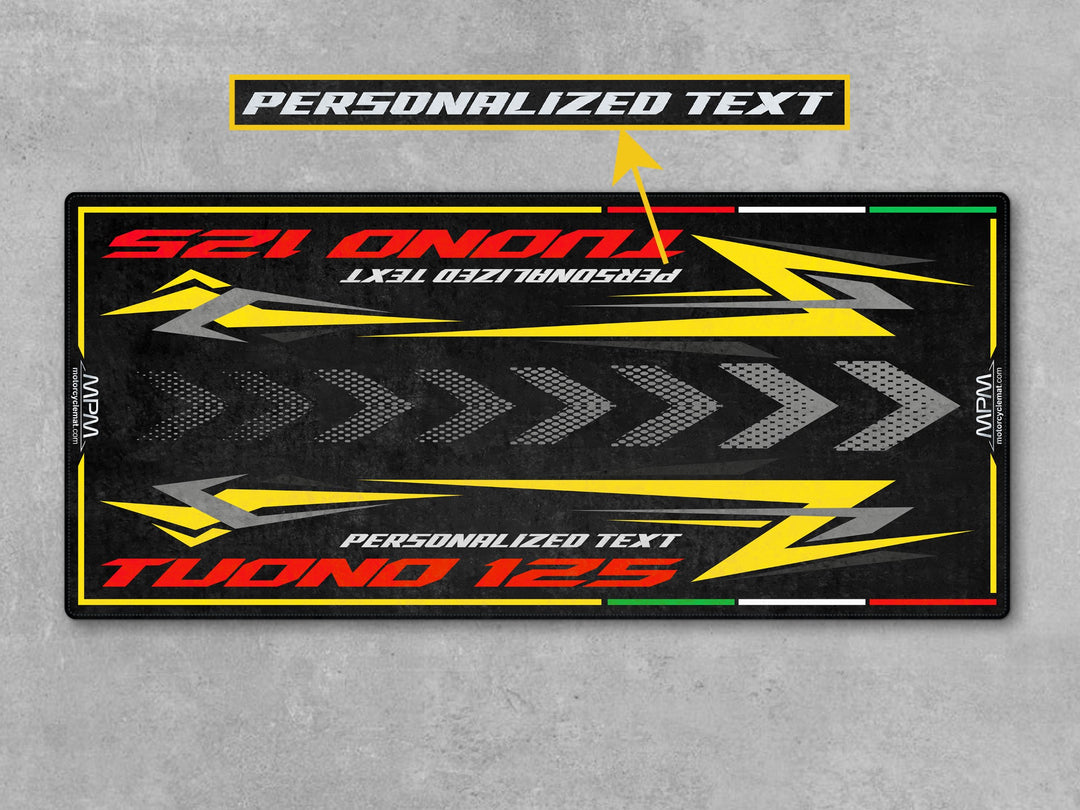 Custom rug for Aprilia Tuono 125. Viper Yellow garage carpet, ideal rider gift and stylish mat for motorcycle parts, pit floors, and garage display.
