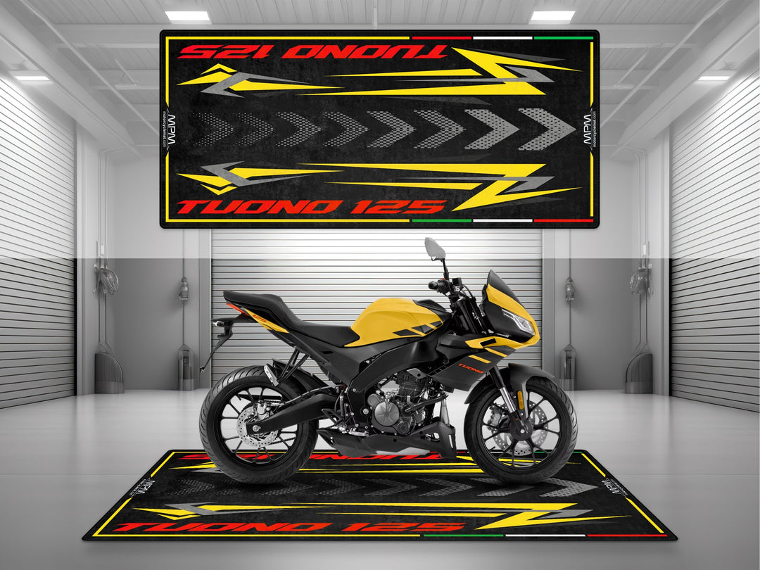 Garage and parking mat for Aprilia Tuono 125 Viper Yellow. Motorcycle parts gift and garage floor cover accessory for sportbike storage and pit use.
