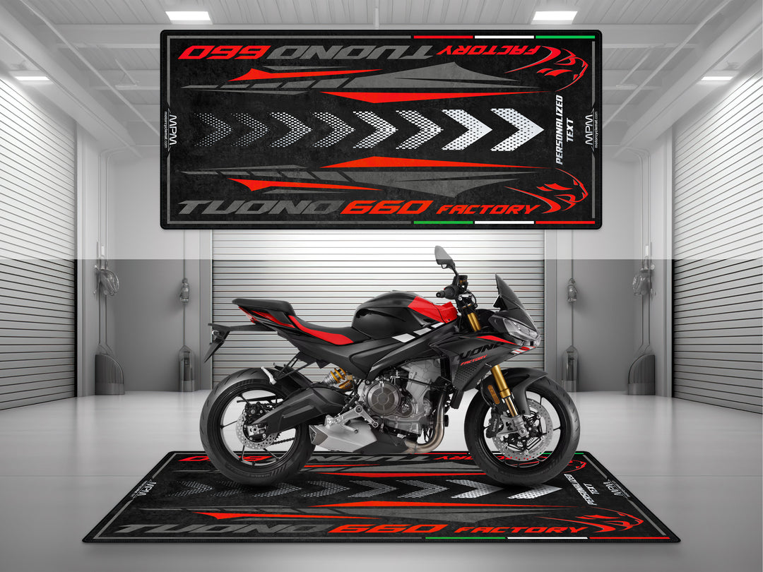 Personalized parking mat for Aprilia Tuono 660 Factory Dark Banshee. Custom parts and garage mat, perfect motorcycle accessory and rider gift idea.

