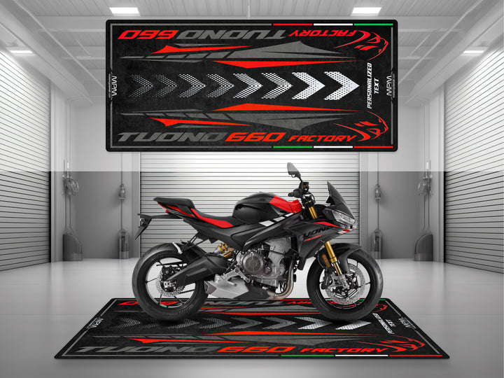 Personalized parking mat for Aprilia Tuono 660 Factory Dark Banshee. Custom parts and garage mat, perfect motorcycle accessory and rider gift idea.
