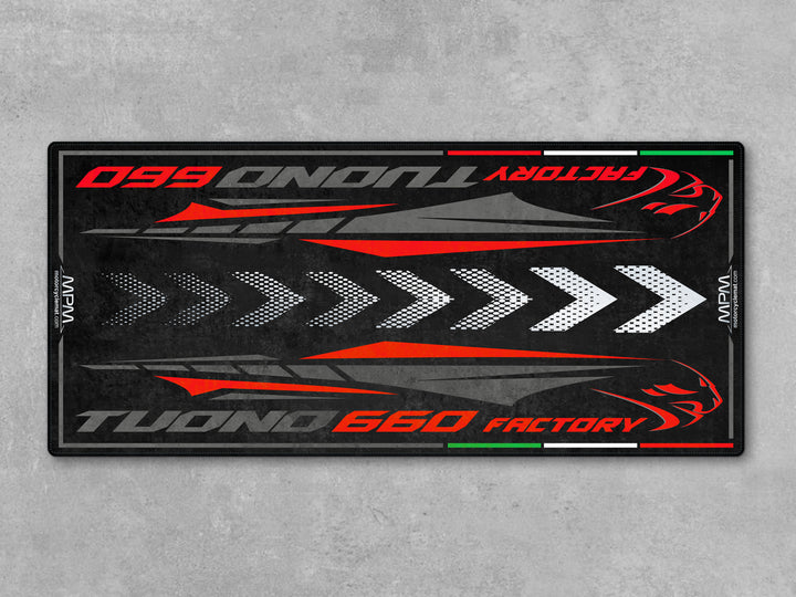 Aprilia Tuono 660 Factory Dark Banshee mat. Heavy-duty garage mat and parking pad, ideal as a gift or motorcycle accessory and parts-ready floor cover.
