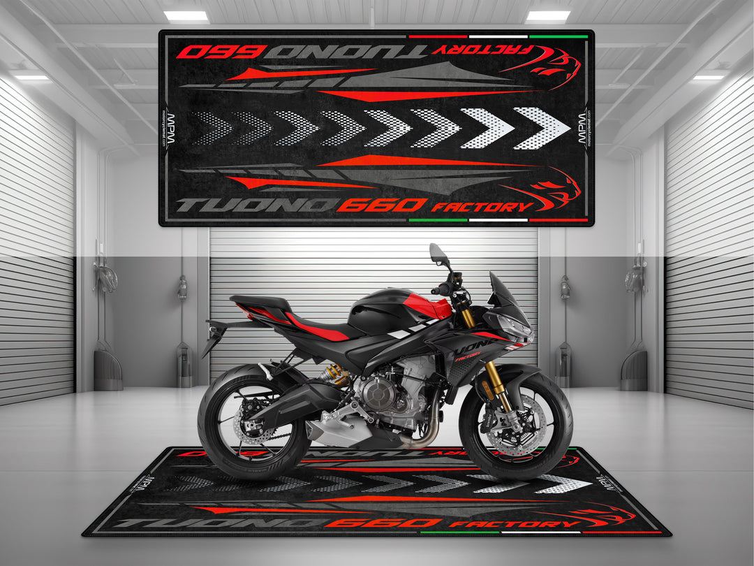 Garage and parking mat for Aprilia Tuono 660 Factory Dark Banshee. Perfect floor cover, motorcycle parts gift, and accessory for garage protection.
