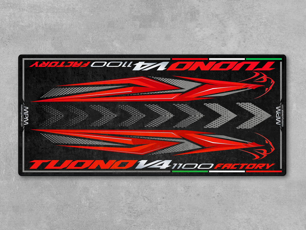 Aprilia Tuono V4 1100 Shark Grey garage mat. Heavy-duty motorcycle floor mat for showroom display, pit zone use or garage protection and styling.
