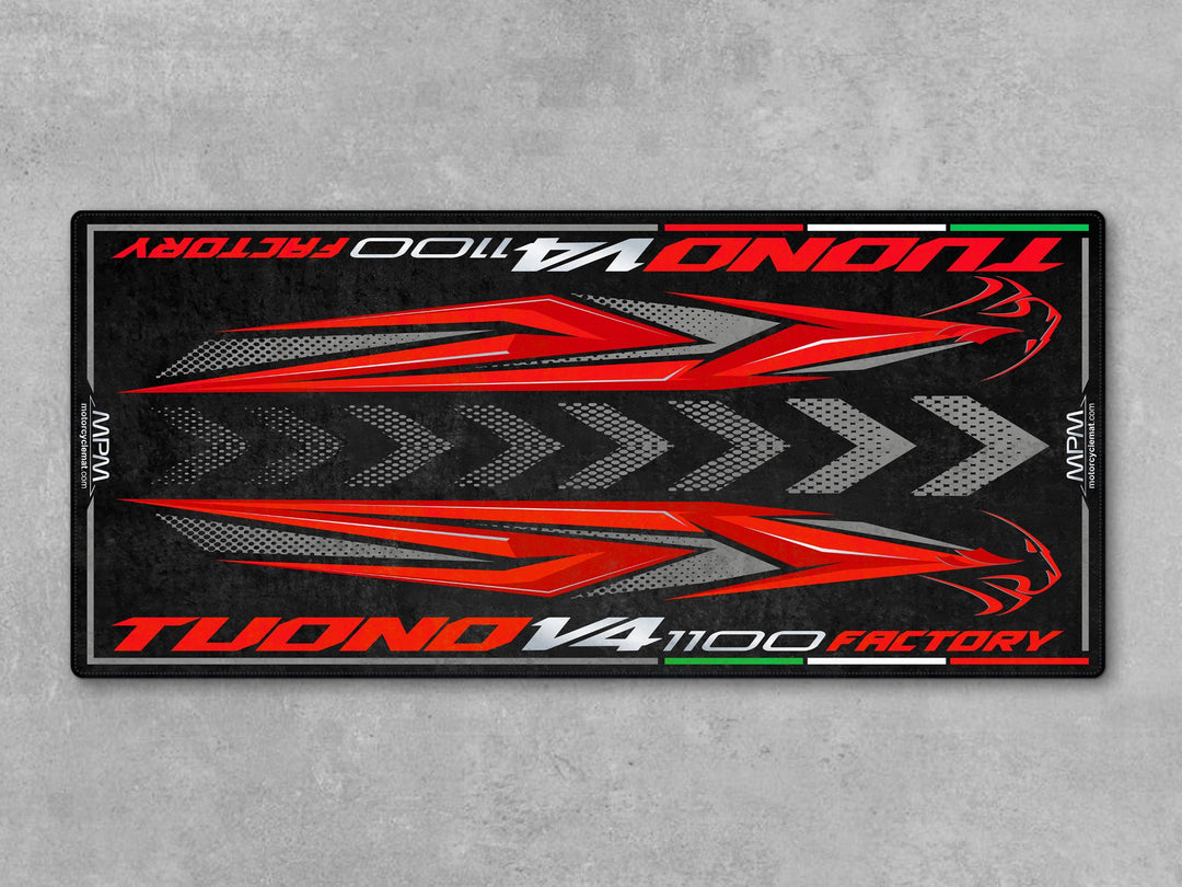 Aprilia Tuono V4 1100 Shark Grey garage mat. Heavy-duty motorcycle floor mat for showroom display, pit zone use or garage protection and styling.
