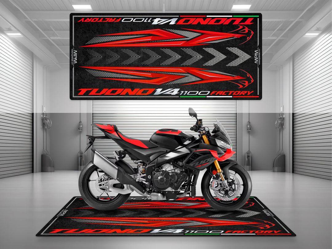 Parking and garage mat for Aprilia Tuono V4 1100 Shark Grey. Premium motorcycle gift, garage accessory, or parts pad to protect your naked sportbike.
