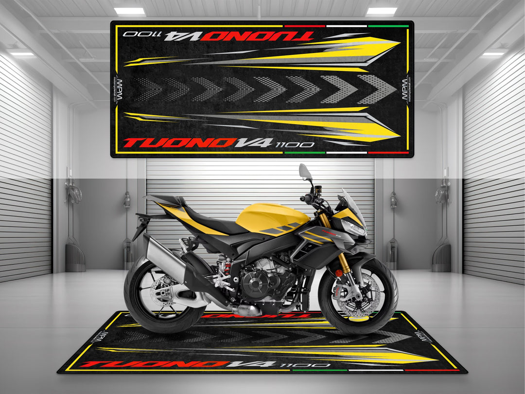 Garage and parking mat for Aprilia Tuono V4 1100 Scorpion Yellow. Ideal motorcycle gift, accessory, or parts upgrade to protect your naked sportbike in style.
