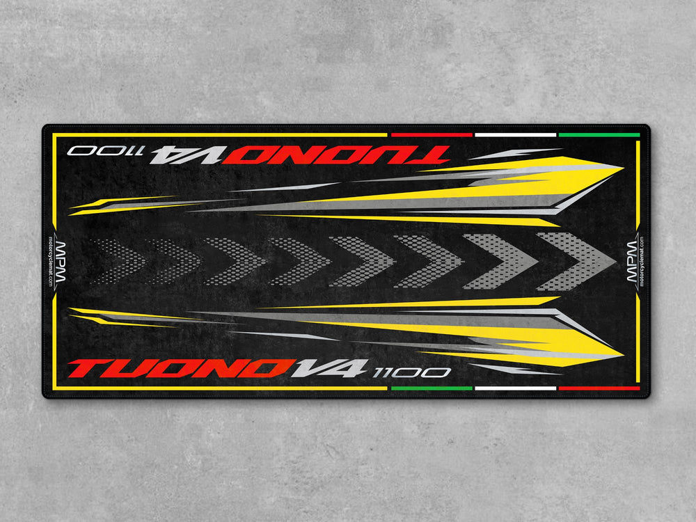 Aprilia Tuono V4 1100 Scorpion Yellow garage mat. Heavy-duty motorcycle floor rug for pit areas, bike protection, showroom setup or garage display spaces.

