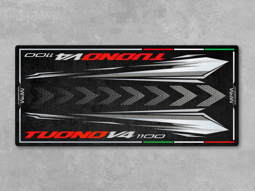 Parking and garage mat for Aprilia Tuono V4 1100 Shark Grey. Premium motorcycle gift, garage accessory, or parts pad to protect your naked sportbike.

