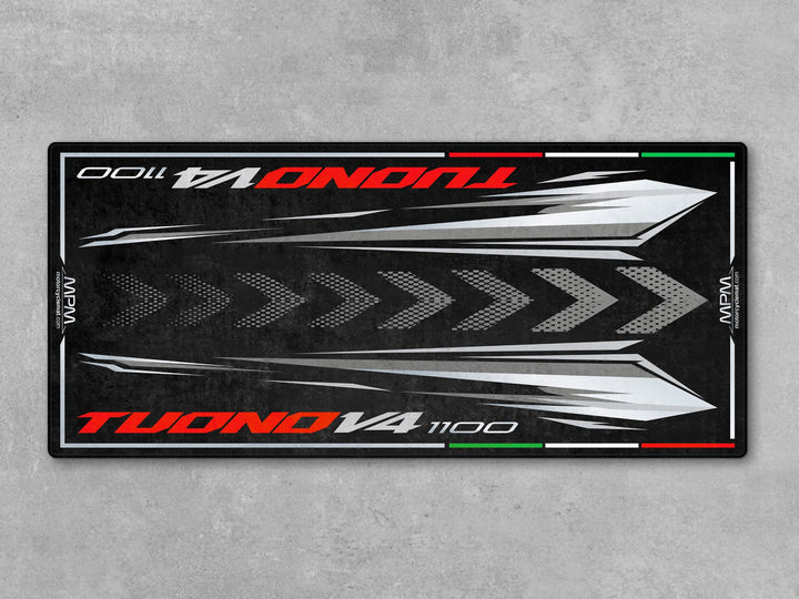 Parking and garage mat for Aprilia Tuono V4 1100 Shark Grey. Premium motorcycle gift, garage accessory, or parts pad to protect your naked sportbike.
